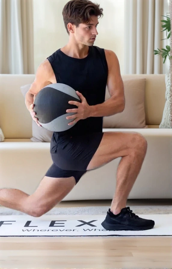 man doing lunge with a medicine ball